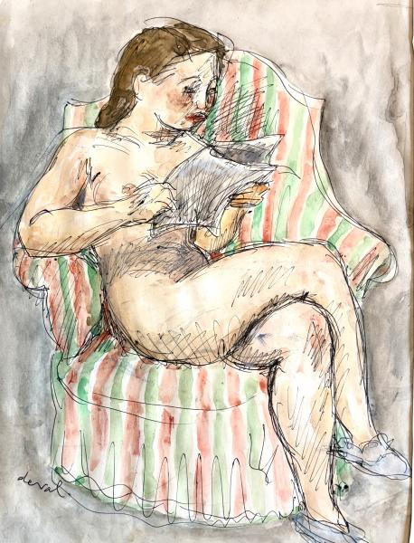 Jeune fille lisant dans un fauteuil rayé