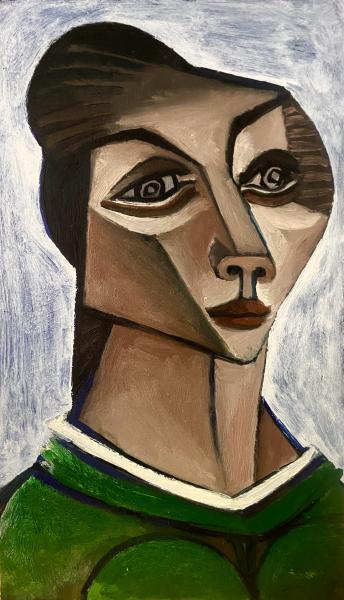 Buste vert sur fond bleu